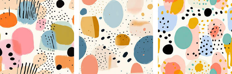 Collection of seamless pattern background with abstract watercolor geometric figures. Aquarelle simple figures on light background. Set of prints for design, poster, banner, wallpaper, textile, fabric