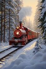 Historic Steam Locomotive. Old Vintage Red Train Ride In The Snowy Forest In North Pole. Fairy Tale Winter Landscape. Retro Aesthetic. Christmas And New Year Concept. Design For Banner, Card, Poster 