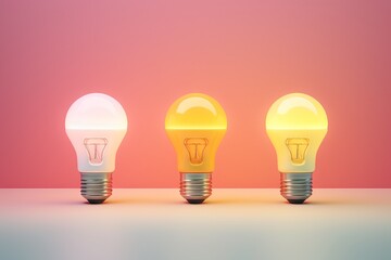 set of three light bulbs on pastel pink abstract background. led light bulb. minimalist power saving