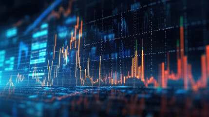 Financial charts of stock market lines over dark background. Digital screen. Concept of finance advisory and international consulting. Huds, numbers and line graphs.