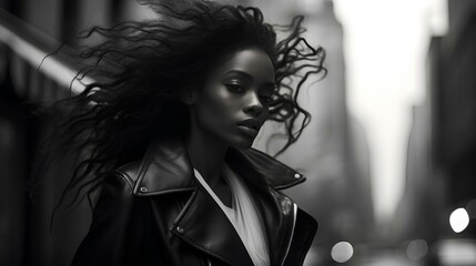 Wall Mural - a black female model in a new york street blurry background, in the style of surreal fashion, black and white, monochrome. generative AI