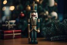 Antique Traditional Nutcracker Doll On Dark Festive Blurred Background With Fir Tree. Christmas Wooden Nutcracker Toy Solider. Design For Banner, Card, Backdrop, Print, Paper. Holiday Greeting Card