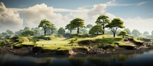 Golf Course Landscape Panorama With Green Grass, Trees And Lake