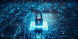 © mozZz - Digital padlock for computing system on dark blue background, cyber security technology for fraud prevention and privacy data network protection concept
