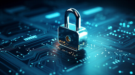 Digital padlock for computing system on dark blue background, cyber security technology for fraud prevention and privacy data network protection concept