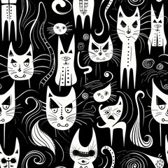 Wall Mural - seamless pattern with drawing of cat family  