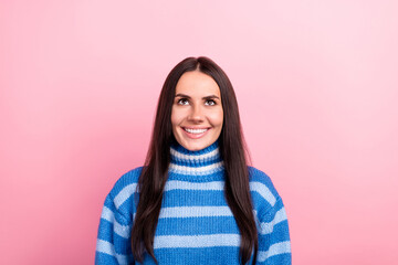 Sticker - Photo of lovely cheerful young lady beaming smile look interested up above empty space isolated on pink color background