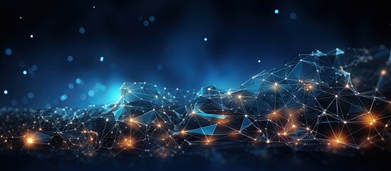 The Internet is polygonally connected with dots and lines on a dark blue background with space above