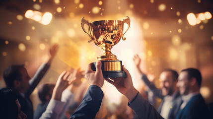 A businessman with a gold trophy, celebrating with his team in the office, captured against a blurred background.