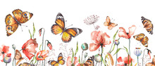 Floral Horizontal Border With Red Poppies And Butterflies. Watercolor Illustration Isolated On White Background.