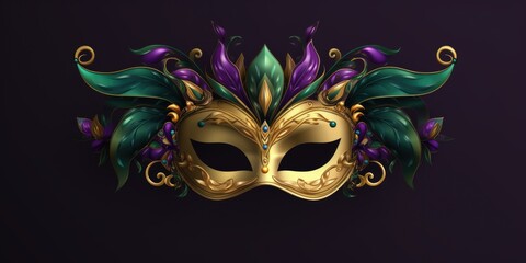 Wall Mural - A gold mask with purple and green feathers. Mardi Gras decorative element.