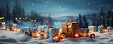 Fototapeta Londyn - Christmas background with gift boxes in snow landscape, Winter Gift boxs on Christmas tree Background for use wallpaper etc.