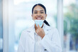 Covid, healthcare and happy portrait of doctor woman in professional Mexico clinic with smile. Optimistic medical expert remove face mask protection at end of coronavirus health pandemic.