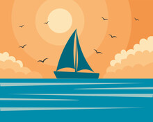 Seascape. Nautical Illustration, A Sailboat And Seagulls On A Sunset Background. Wall Art, Illustration, Vector