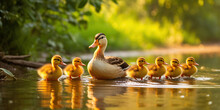 A Group Of Adorable Ducklings Following Their Mother.