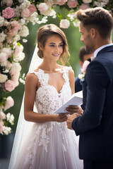 Wall Mural - A young and beautiful couple getting married, exchanging vows with a partner.