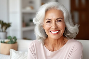 Cheerful pretty blonde senior woman looking at camera. Senior lady home head shot portrait