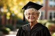 © AI_images - Smiling senior woman in graduation cap and gown standing outdoors