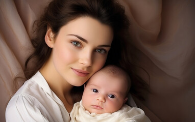 Wall Mural - Portrait of pretty woman holding a newborn baby