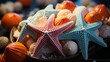 AI generated illustration of a colorful pile of sea stars and shells