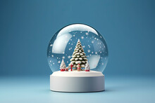 Christmas Snowy Glass Ball With Fir Tree, Snowflakes, And Decorations On A Light Blue Background. Greeting Card, Copy Space