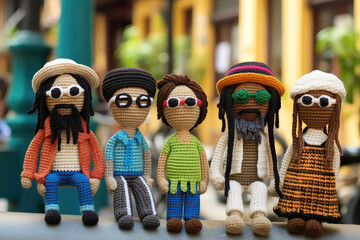 closeup of hipster crocheted puppets