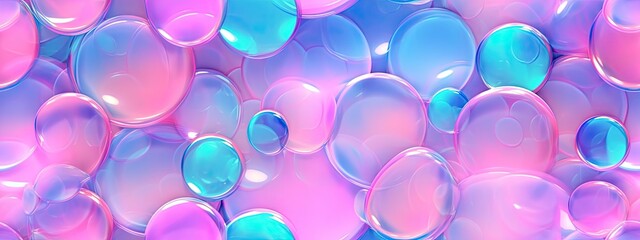 Seamless 80s holographic pink blue bubble circles on frosted plastic background texture. Trendy iridescent abstract neon bokeh webpunk, vaporwave aesthetic surreal pattern