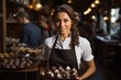 woman pastry chef wearing uniform holding a bowl preparing delicious sweets chocolates