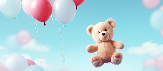 Canvas Print - White balloons add to the fun as a cheerful stuffed bear enjoys itself The lovable plush bear gets a fresh look through creative image editing Adorable and cuddly this plush bear is perfect