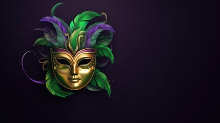 Wall Mural - A gold mask with green and purple feathers. Mardi Gras decorative element.