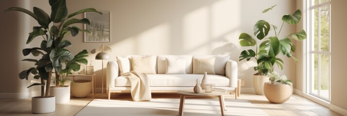 Aufkleber - living room interior natural sunlight, green plants, sofa, minimalist decor elements design mockups