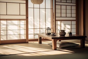 Poster - traditional Japanese tea room with wooden table showcasing tea essentials, and shoji screens.