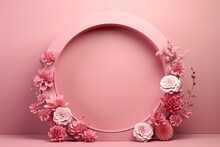 Pink Floral Arch With Paper Flowers, Minimal Fashion Design. Shop Showcase, Empty Podium, Round Stage, Blank Poster Mockup. Generative AI