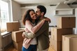 © dark_blade - Young couple in room with moving boxes at new home. AI Generated