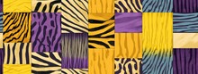 Seamless Pop Art Safari Stripes Woodcut Patchwork Squares Background Pattern. Trendy Gender Neutral Violet Yellow Dopamine Dressing Textile Swatch. Contemporary Fashion Fabric Texture
