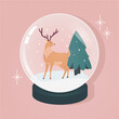 Deer In Glass SnowBall. Xmas Present Decoration Sphere Template 
Designed In Retro.  Christmas crystal snow globe with xmas tree. Podium under transparent glass dome. Color isolated illustration