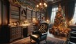 © Glittering Humanity - Amidst the warmth of the fireplace, a festive room with a towering christmas tree, a cozy chair, and intricate cabinetry creates the perfect mockup for a picture of holiday joy in winter wonderland
