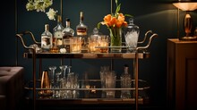 An Elegant Mid-century Bar Area With A Retro Cocktail Cart And Vintage Glassware.