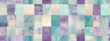 Seamless Vintage Lavender Teal Blue Ikat Patchwork Squares Pattern Surface Design. Tileable Abstract Retro Violet, Canvas Beige And Mint Green Woven Textile Effect Mosaic Background Texture.