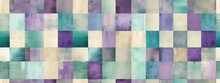 Seamless Vintage Lavender Teal Blue Ikat Patchwork Squares Pattern Surface Design. Tileable Abstract Retro Violet, Canvas Beige And Mint Green Woven Textile Effect Mosaic Background Texture.