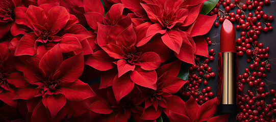 Canvas Print - Red Lipstick Surrounded by Festive Red poinsettia bloom
