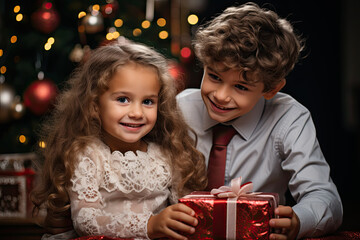 Sticker - Christmas holiday, happy children with Christmas gift near Christmas tree
