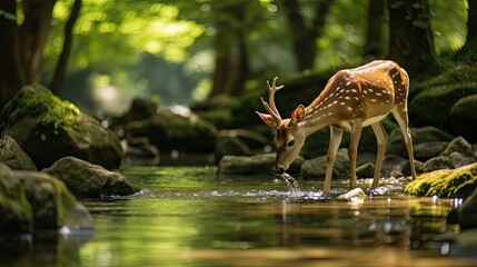 Poster -  a deer is drinking water from a stream in the middle of a forest with rocks and trees in the background.  generative ai