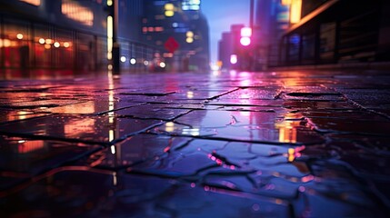 Sticker -  a rainy night in a big city with a lot of lights and reflections on the wet pavement of the street.  generative ai