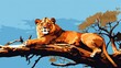  a painting of a lion resting on a tree branch with a blue sky in the backround behind it.  generative ai