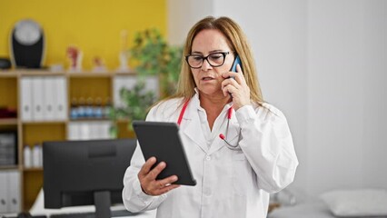 Canvas Print - Middle age hispanic woman doctor talking on smartphone using touchpad at the clinic