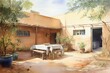 Watercolor painting: Nubian guest house inner courtyard in Sudan, showcasing breakfast table with coffee and cigarettes, overlooking wash house. Africa. Generative AI