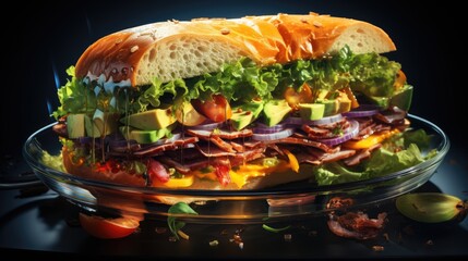 Canvas Print -  a large sandwich with meat, lettuce, tomatoes, and avocado on a glass platter.  generative ai