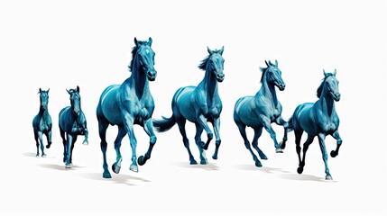 Poster -  a group of blue horses are running in a line on the same side of the same line as a third horse is running in the same direction of the same direction.  generative ai