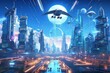Futuristic city skyline with holographic advertisements and flying vehicles. Cyberpunk metropolis, digital advertising, futuristic transportation, city of tomorrow